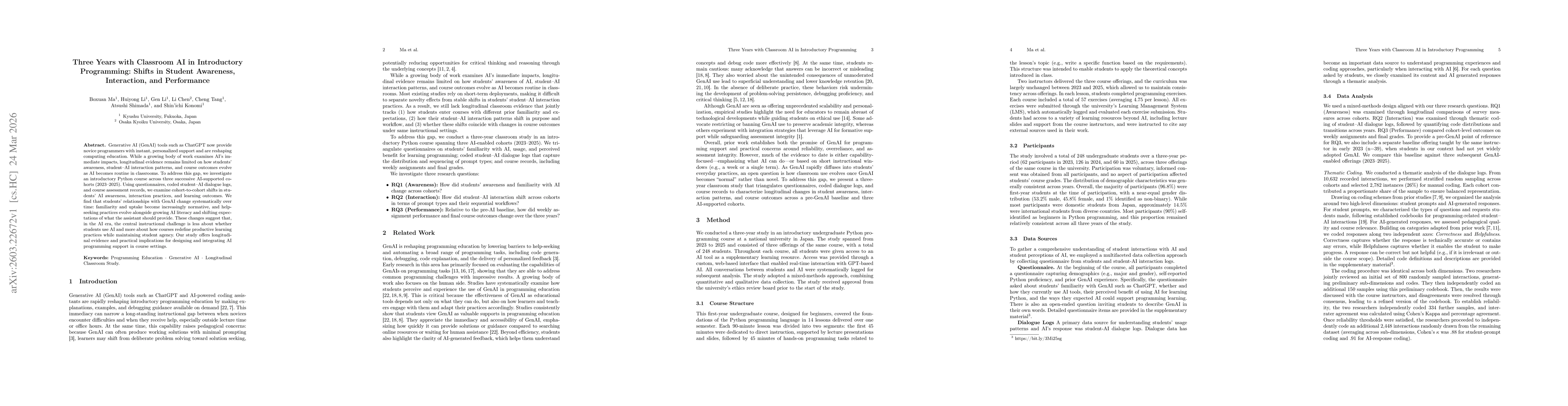 Thumbnail for Three Years with Classroom AI in Introductory Programming: Shifts in Student Awareness, Interaction, and Performance