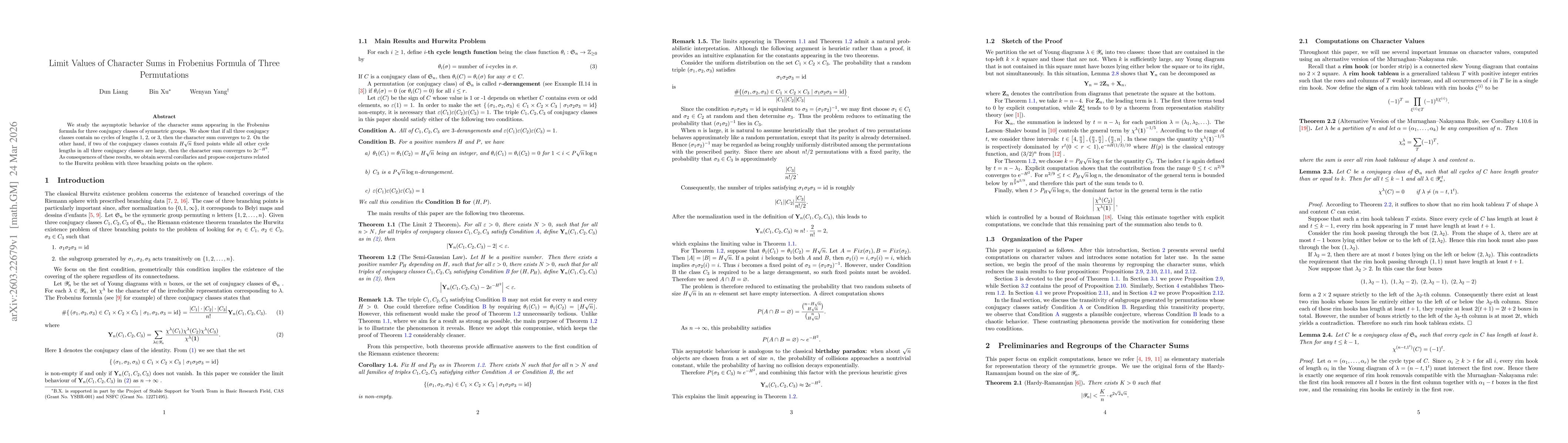 Thumbnail for Limit Values of Character Sums in Frobenius Formula of Three Permutations