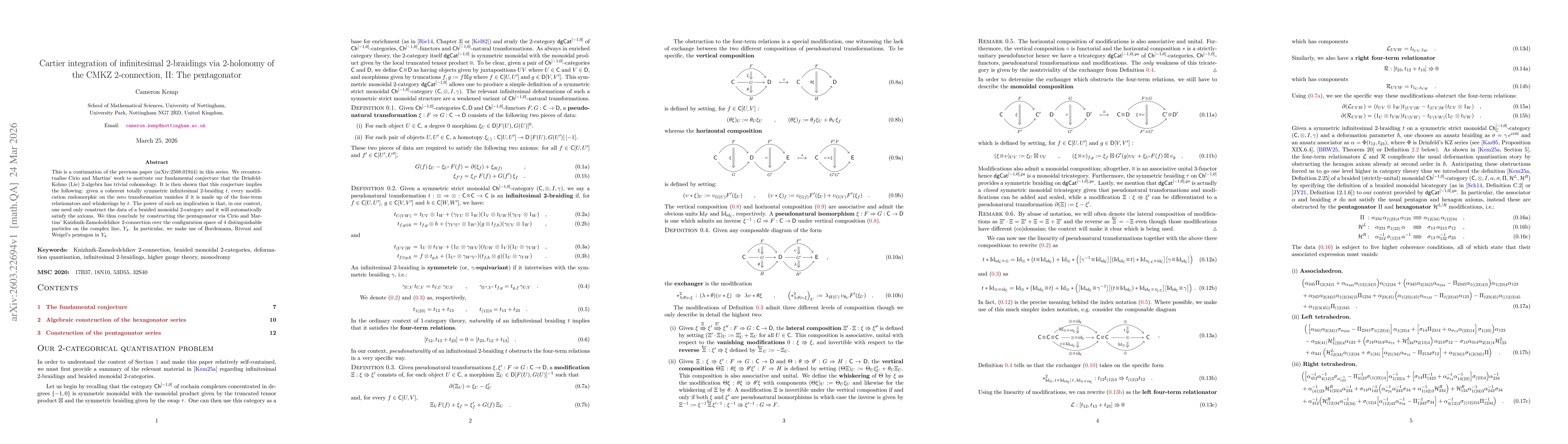 Thumbnail for Cartier integration of infinitesimal 2-braidings via 2-holonomy of the CMKZ 2-connection, II: The pentagonator