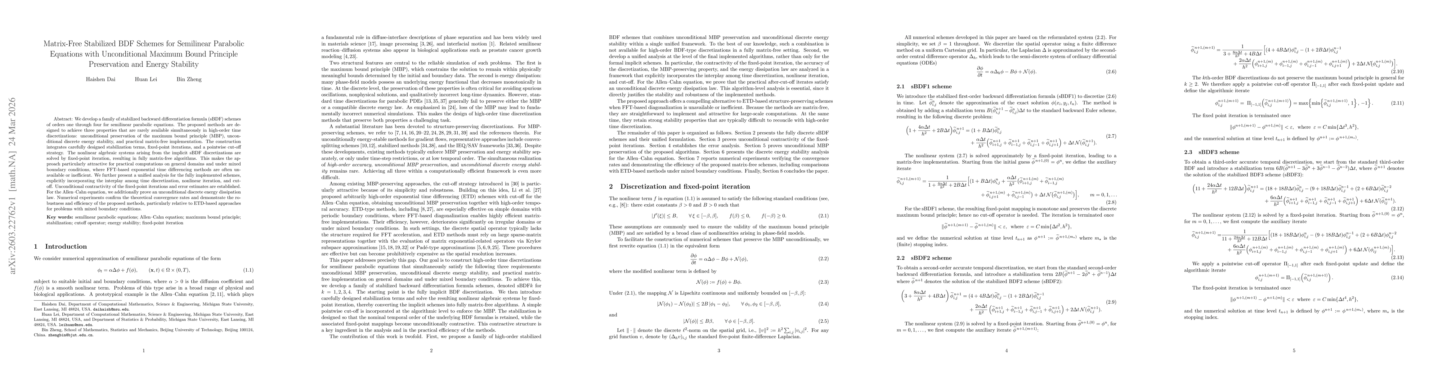 Thumbnail for Matrix-Free Stabilized BDF Schemes for Semilinear Parabolic Equations with Unconditional Maximum Bound Principle Preservation and Energy Stability