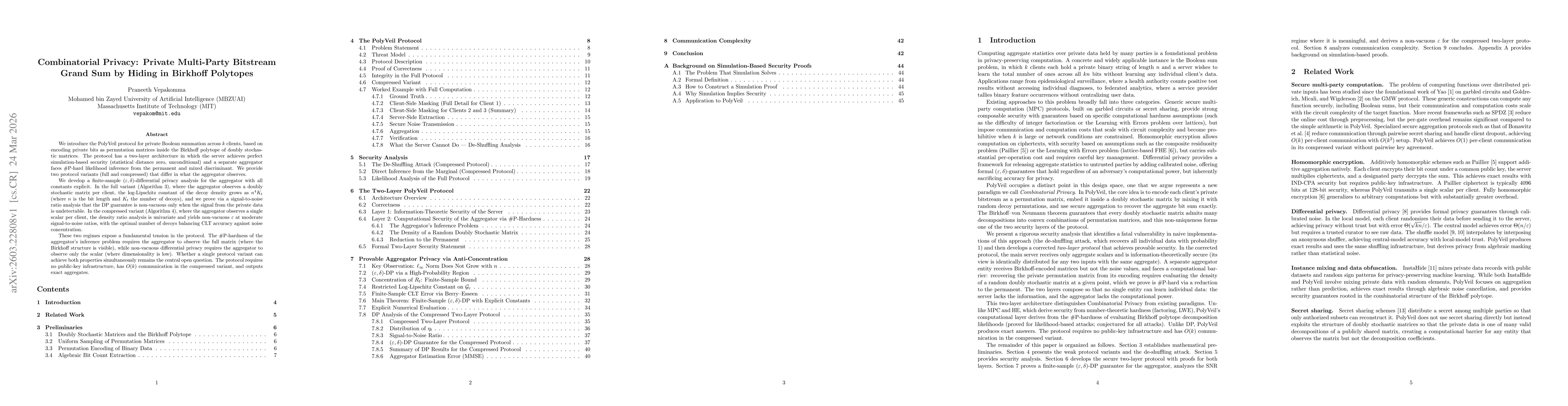 Thumbnail for Combinatorial Privacy: Private Multi-Party Bitstream Grand Sum by Hiding in Birkhoff Polytopes