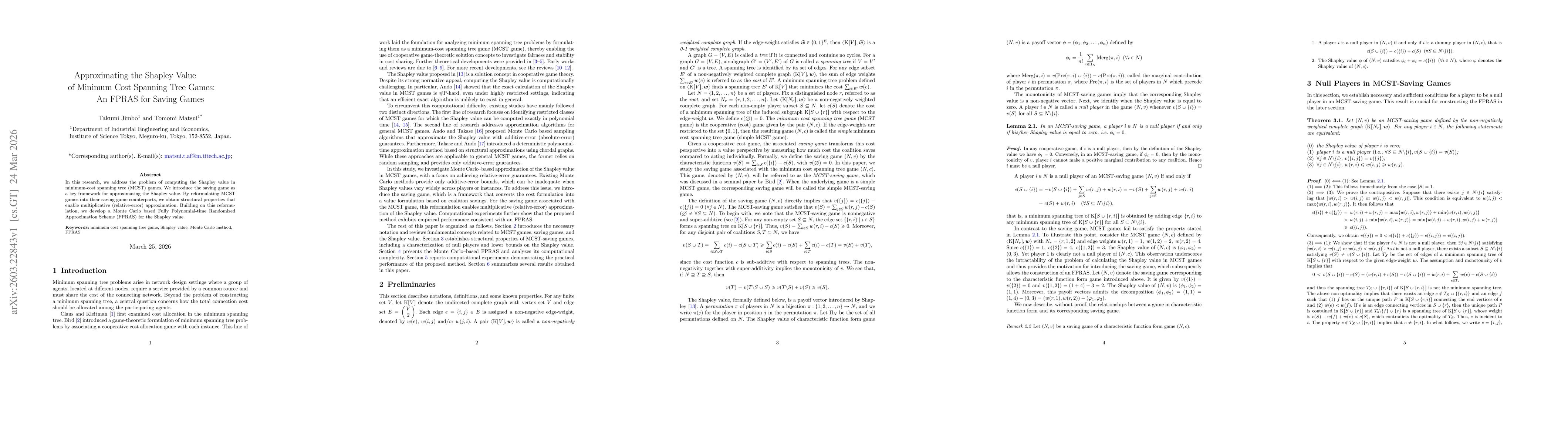 Thumbnail for Approximating the Shapley Value of Minimum Cost Spanning Tree Games: An FPRAS for Saving Games