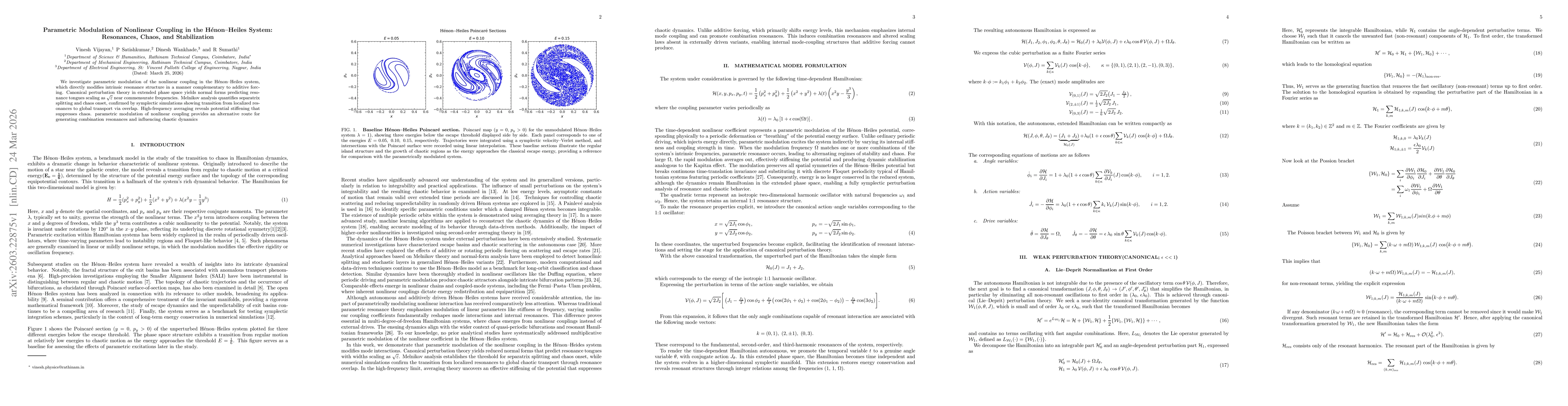 Thumbnail for Parametric Modulation of Nonlinear Coupling in the Hénon Heiles System: Resonances, Chaos, and Stabilization