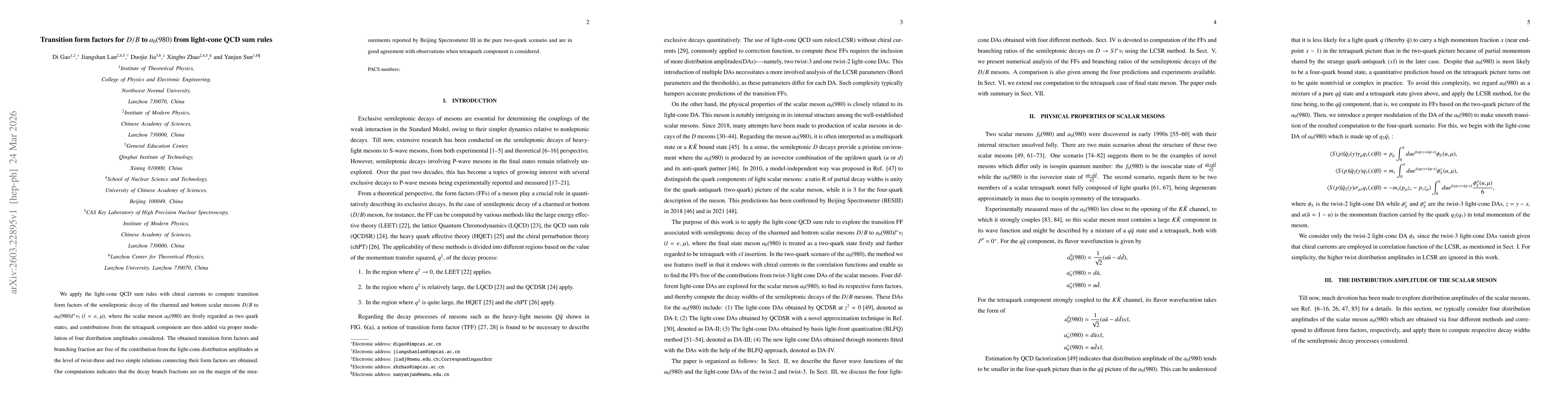 Thumbnail for Transition form factors for $D/B$ to $a_{0}(980)$ from light-cone QCD sum rules