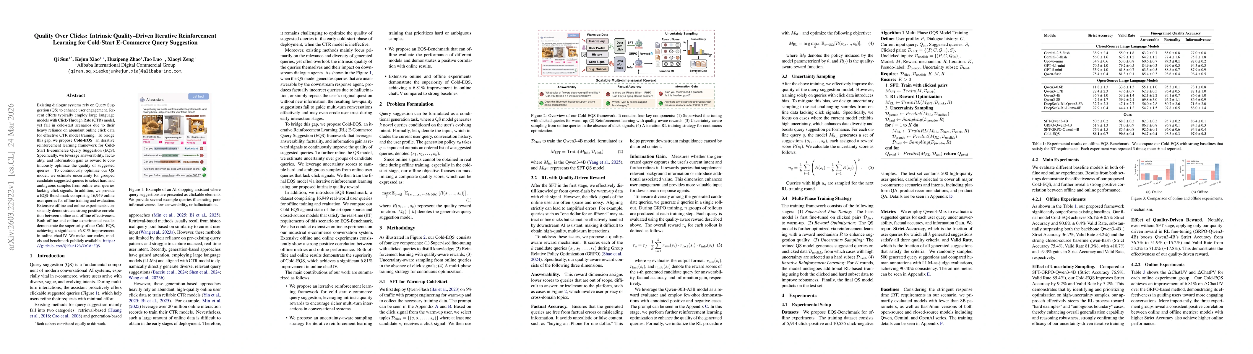 Thumbnail for Quality Over Clicks: Intrinsic Quality-Driven Iterative Reinforcement Learning for Cold-Start E-Commerce Query Suggestion