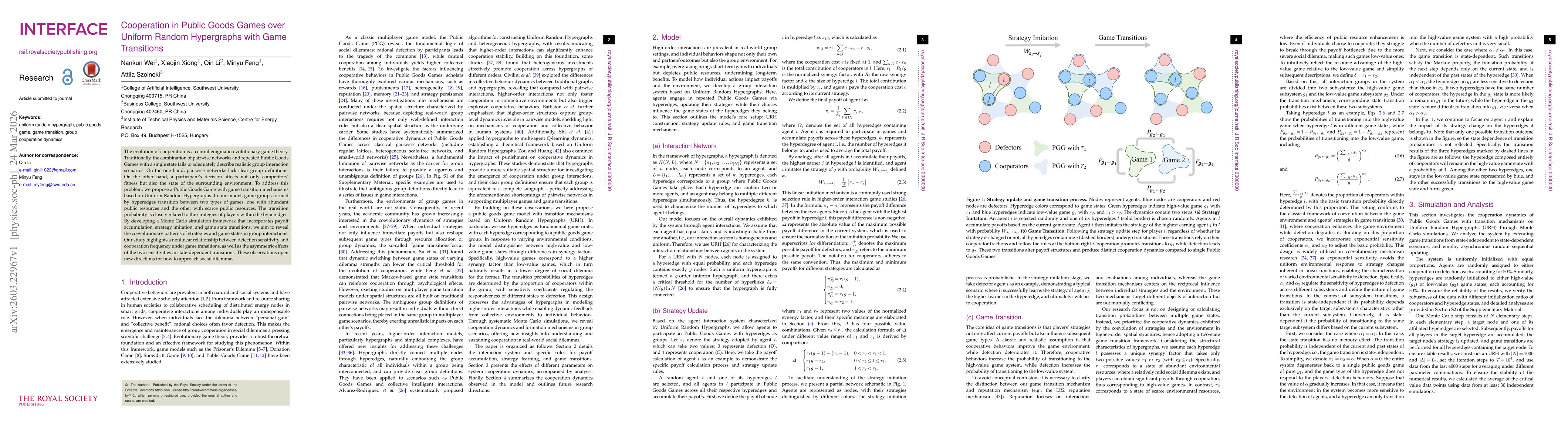 Thumbnail for Cooperation in Public Goods Games over Uniform Random Hypergraphs with Game Transitions