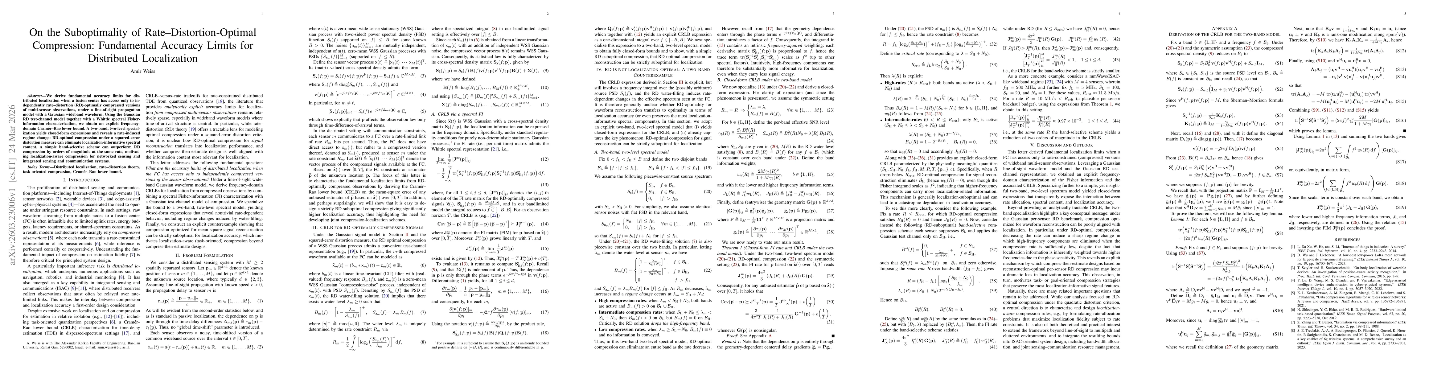 Thumbnail for On the Suboptimality of Rate--Distortion-Optimal Compression: Fundamental Accuracy Limits for Distributed Localization