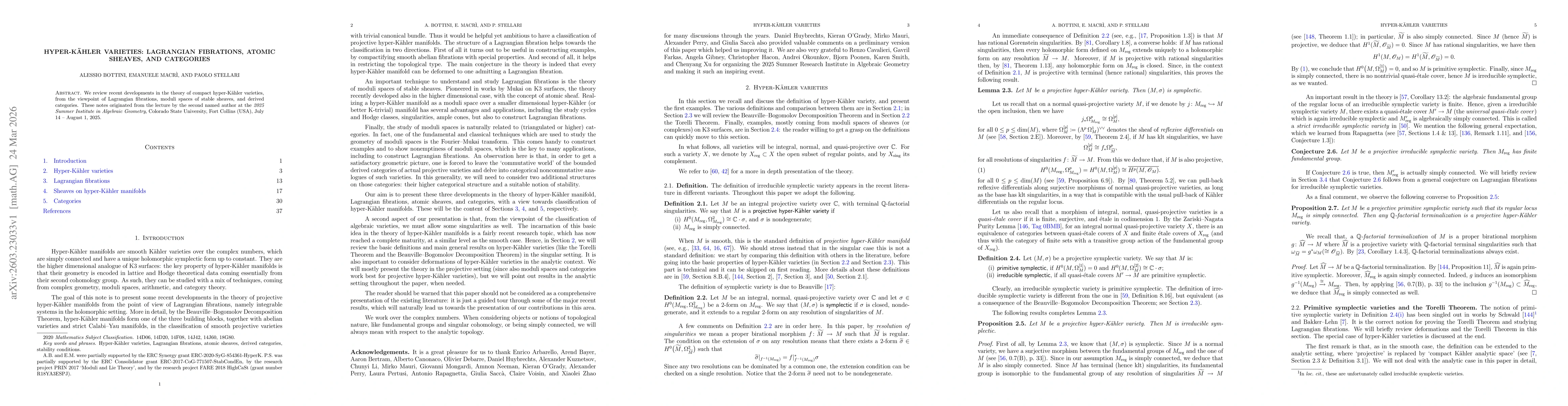 Thumbnail for Hyper-Kähler varieties: Lagrangian fibrations, atomic sheaves, and categories