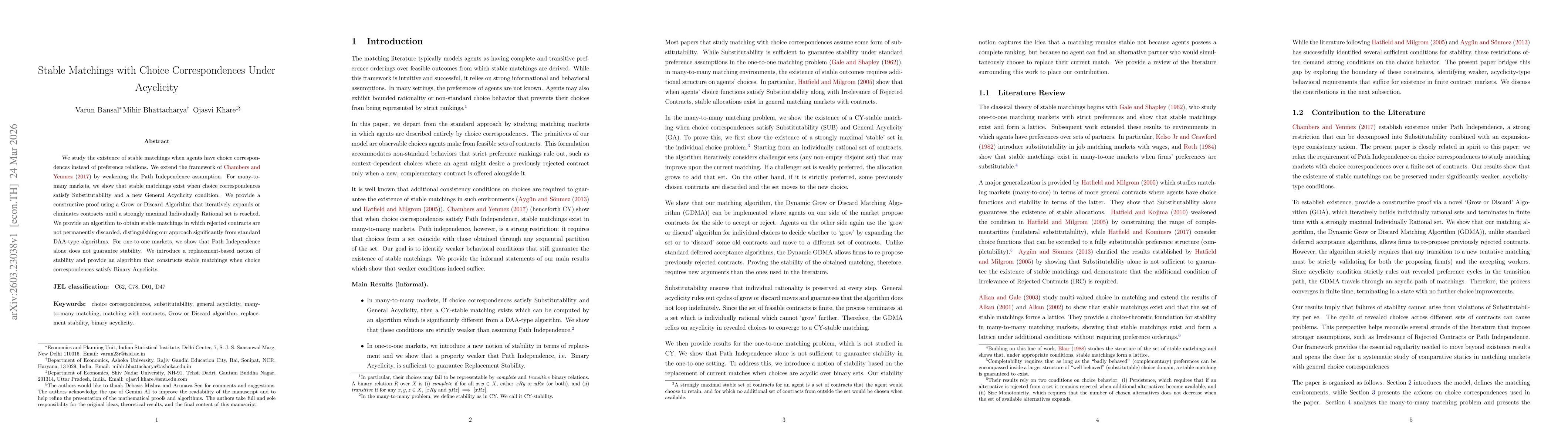 Thumbnail for Stable Matchings with Choice Correspondences Under Acyclicity