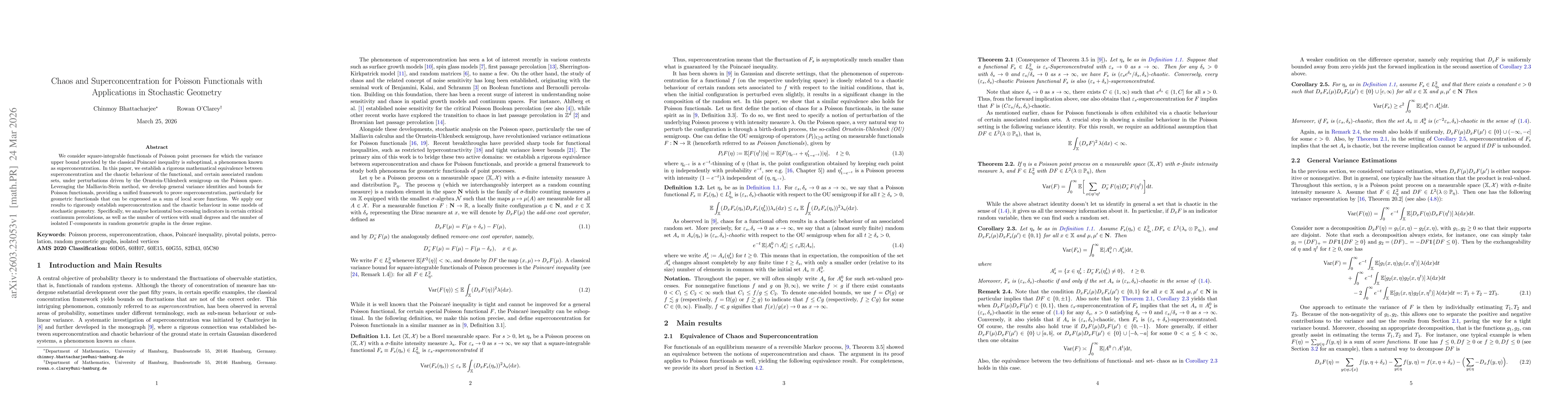 Thumbnail for Chaos and Superconcentration for Poisson Functionals with Applications in Stochastic Geometry