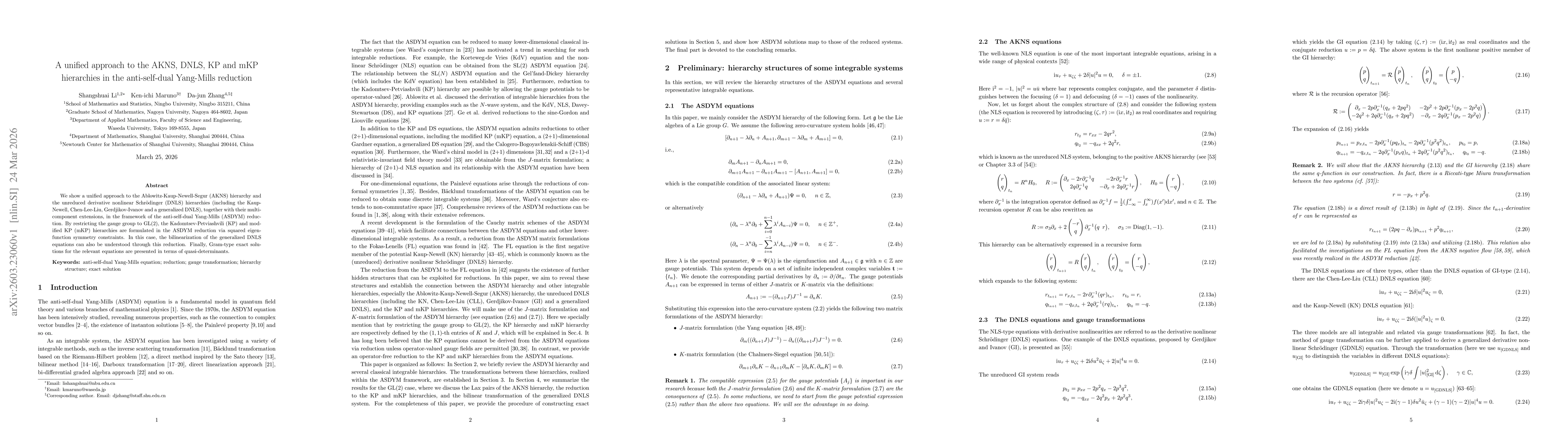 Thumbnail for A unified approach to the AKNS, DNLS, KP and mKP hierarchies in the anti-self-dual Yang-Mills reduction