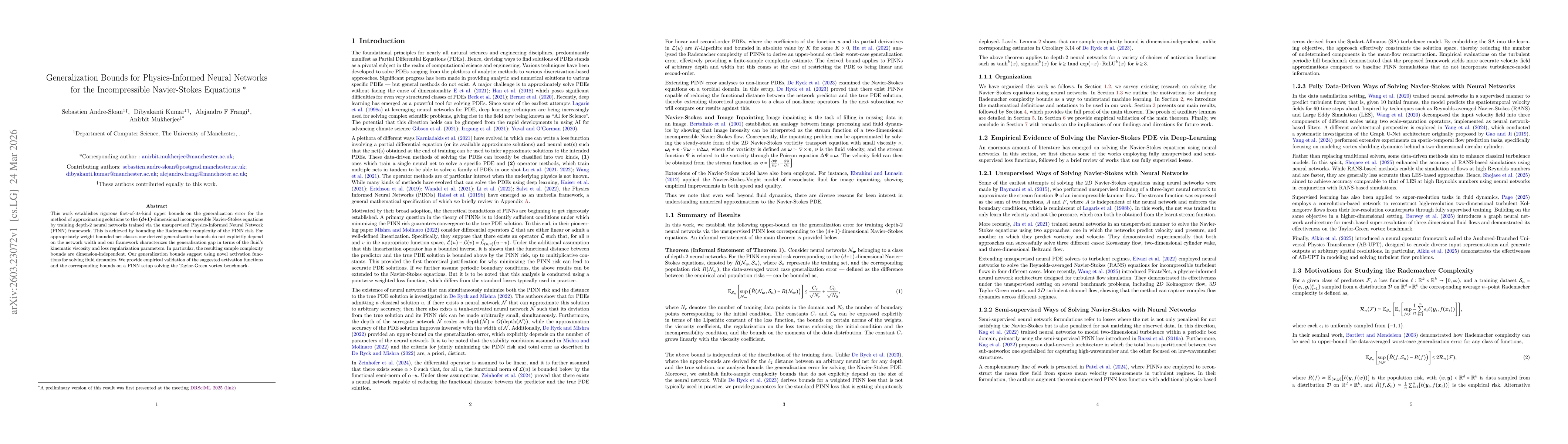 Thumbnail for Generalization Bounds for Physics-Informed Neural Networks for the Incompressible Navier-Stokes Equations