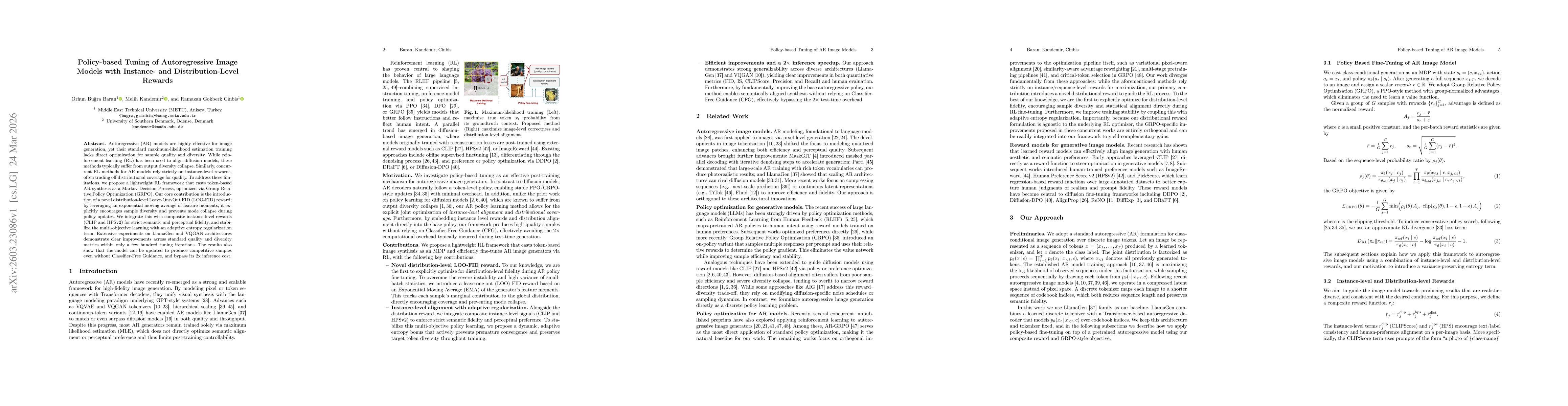 Thumbnail for Policy-based Tuning of Autoregressive Image Models with Instance- and Distribution-Level Rewards