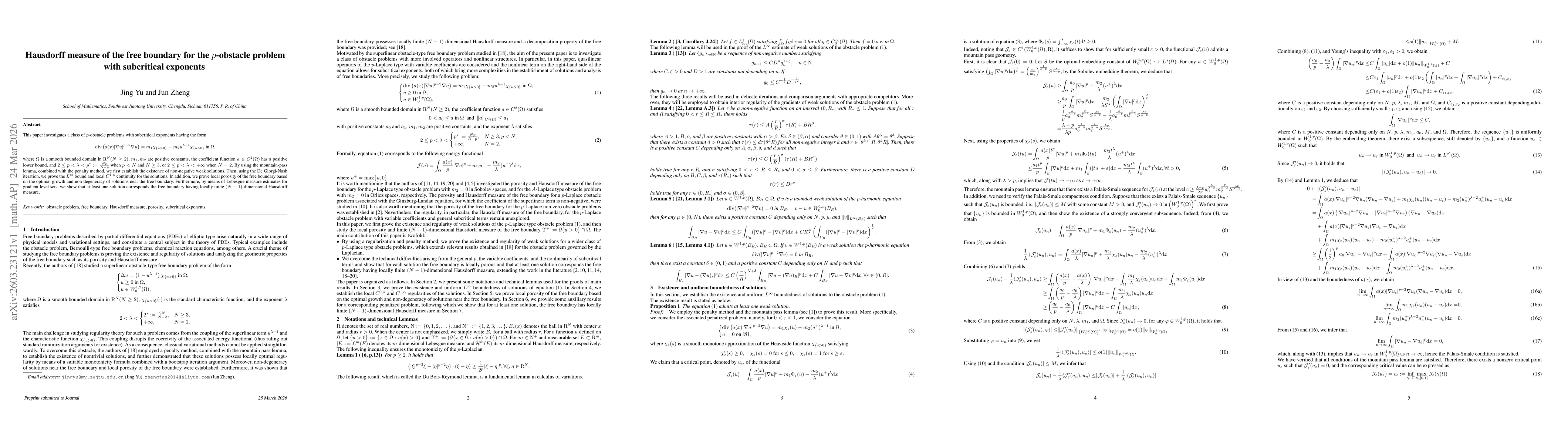Thumbnail for Hausdorff measure of the free boundary for the $p$-obstacle problem with subcritical exponents