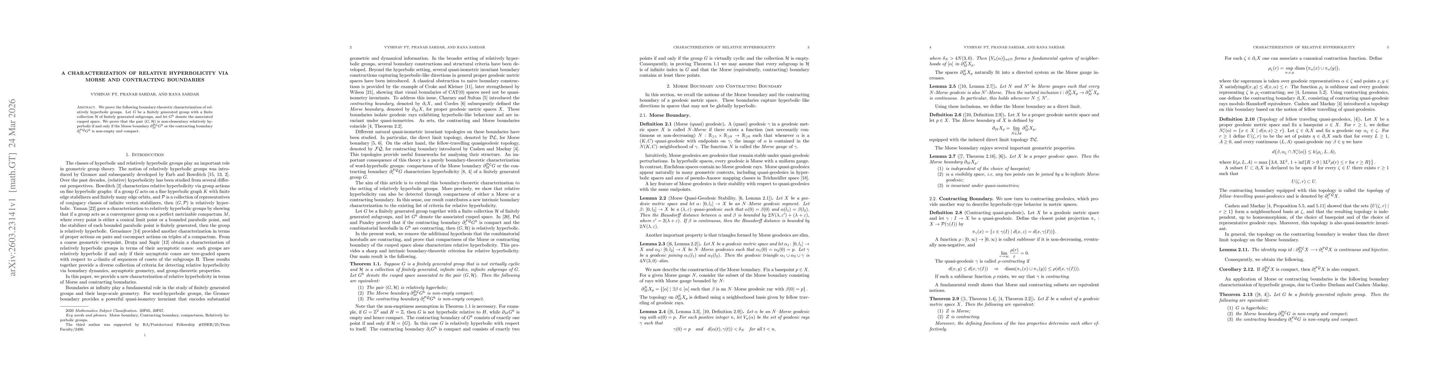 Thumbnail for A Characterization of Relative Hyperbolicity via Morse and Contracting Boundaries