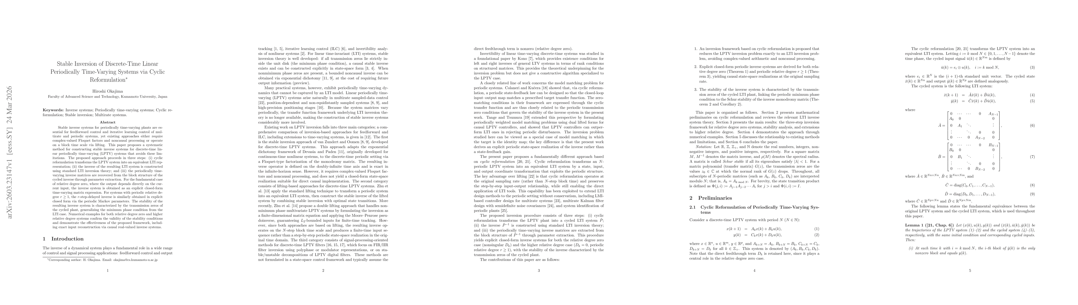 Thumbnail for Stable Inversion of Discrete-Time Linear Periodically Time-Varying Systems via Cyclic Reformulation