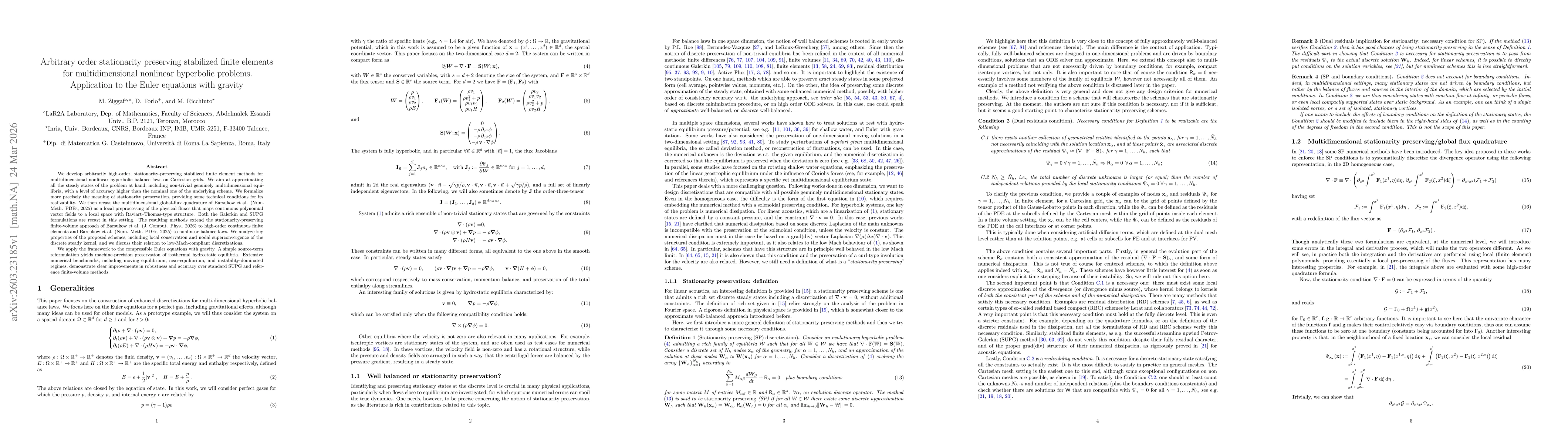 Thumbnail for Arbitrary order stationarity preserving stabilized finite elements for multidimensional nonlinear hyperbolic problems. Application to the Euler equations with gravity