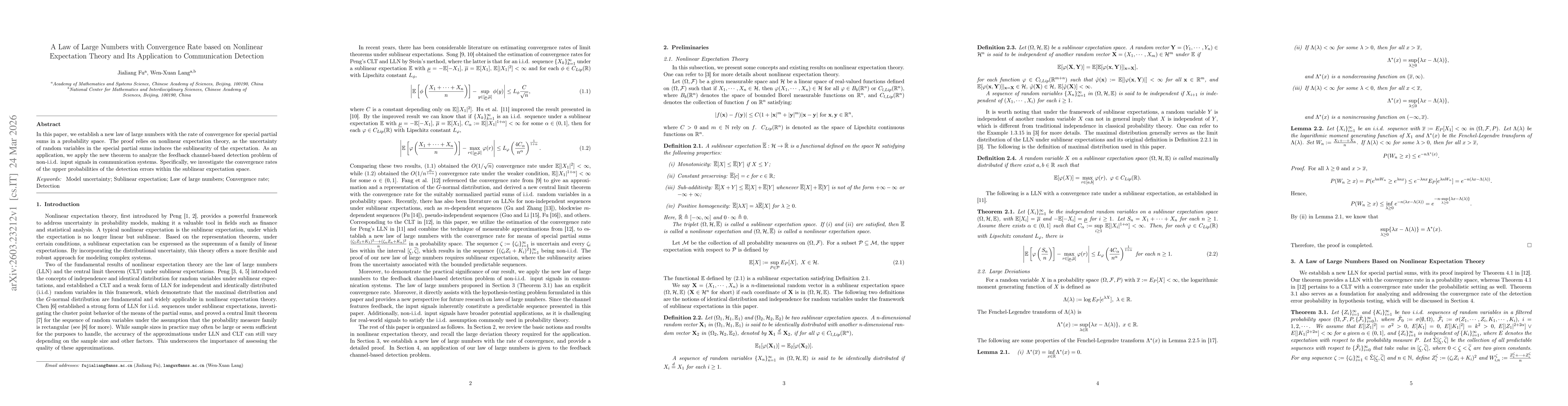 Thumbnail for A Law of Large Numbers with Convergence Rate based on Nonlinear Expectation Theory and Its Application to Communication Detection