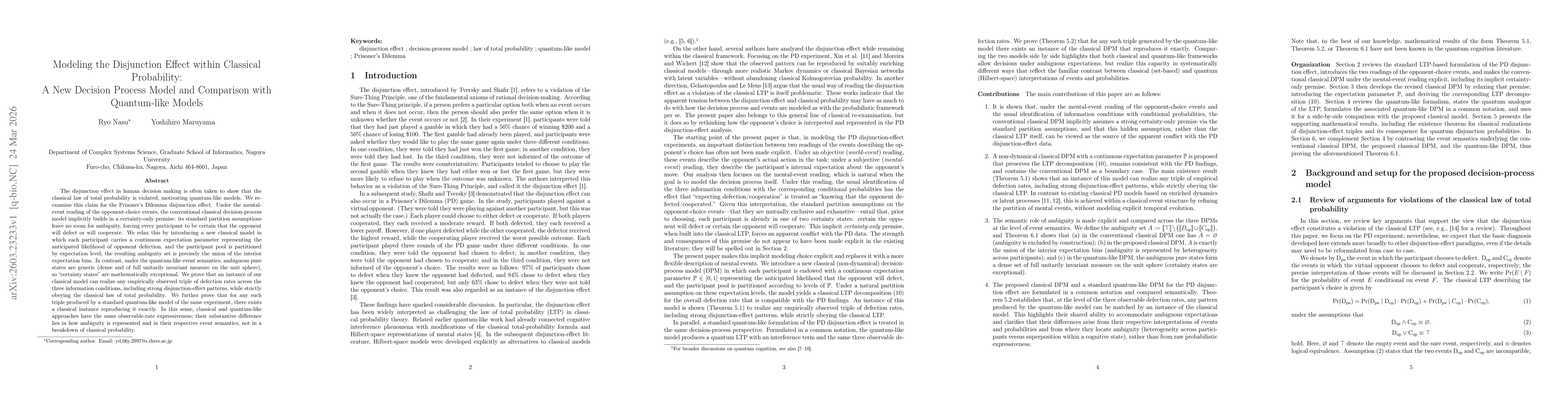 Thumbnail for Modeling the Disjunction Effect within Classical Probability: A New Decision Process Model and Comparison with Quantum-like Models