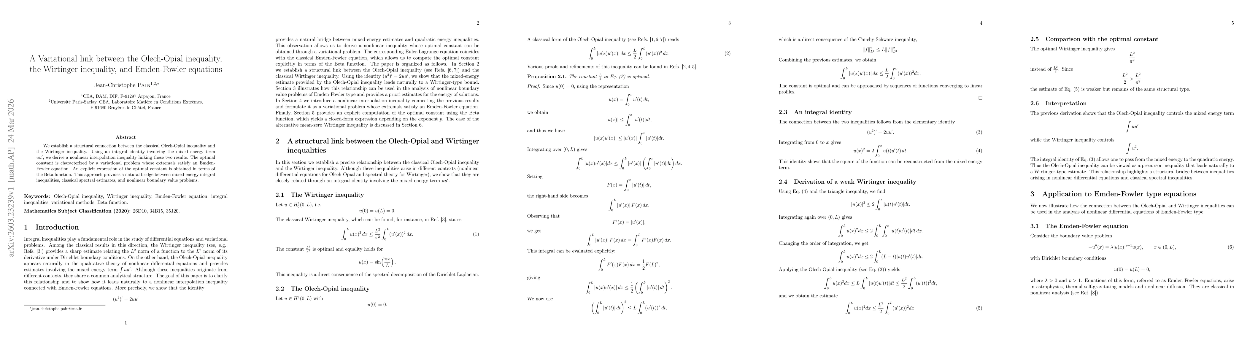 Thumbnail for A Variational link between the Olech-Opial inequality, the Wirtinger inequality, and Emden-Fowler equations