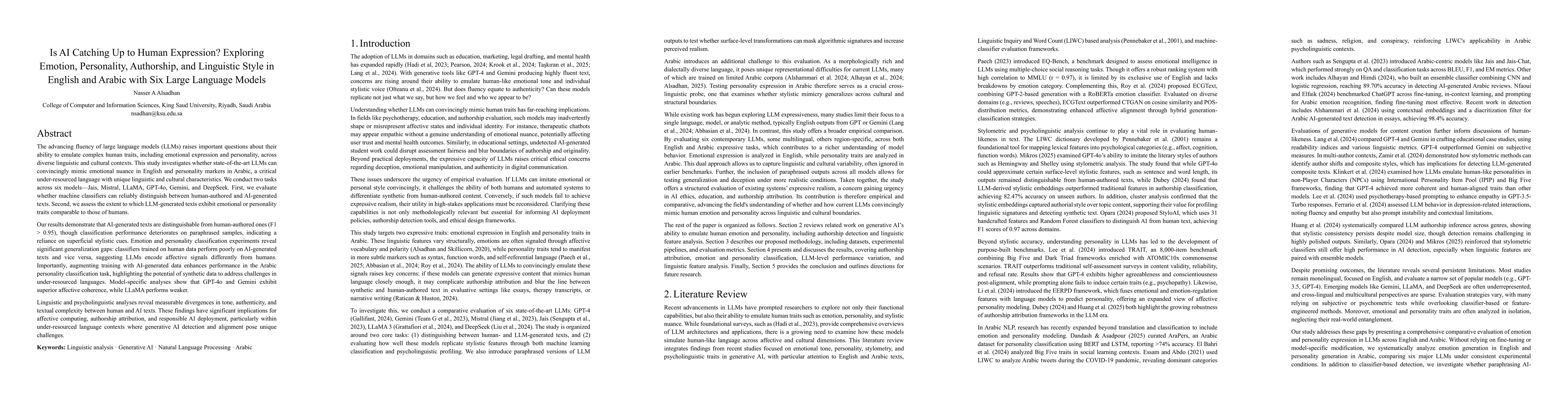 Thumbnail for Is AI Catching Up to Human Expression? Exploring Emotion, Personality, Authorship, and Linguistic Style in English and Arabic with Six Large Language Models