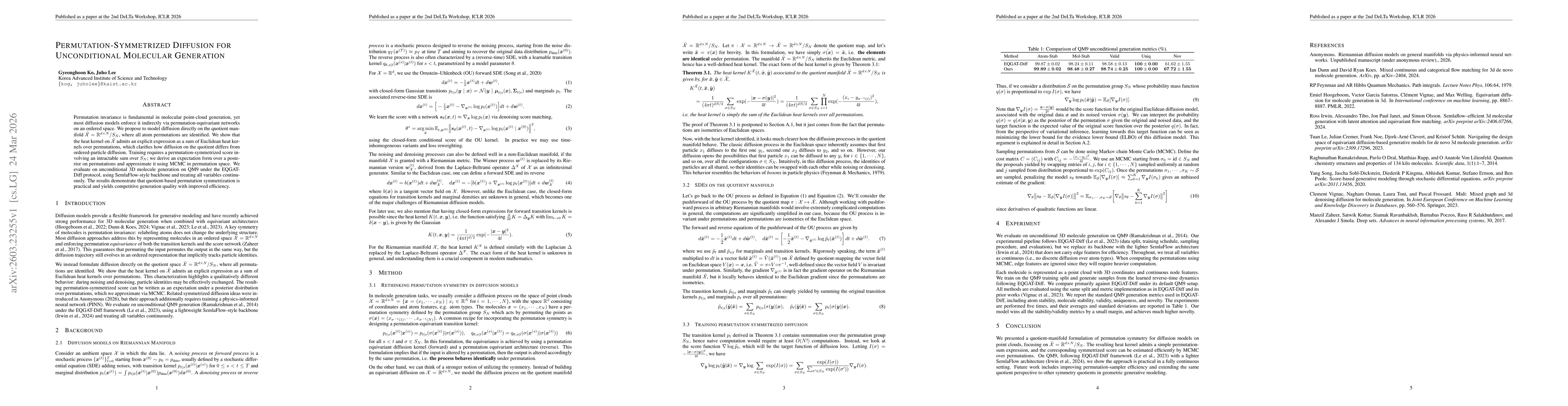 Thumbnail for Permutation-Symmetrized Diffusion for Unconditional Molecular Generation