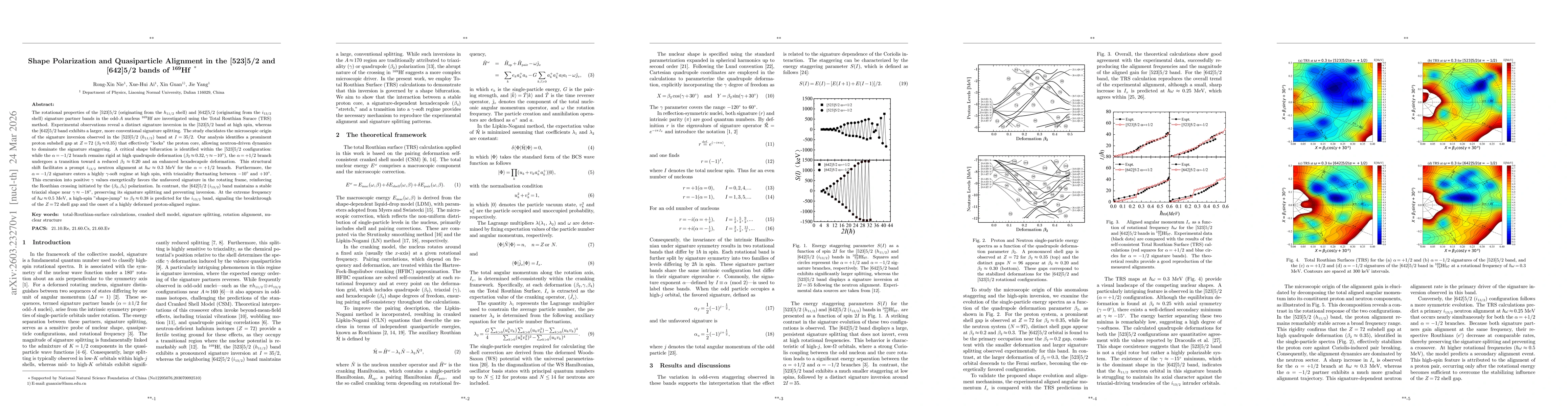 Thumbnail for Shape Polarization and Quasiparticle Alignment in the [523]5/2 and [642]5/2 bands of $^{169}$Hf