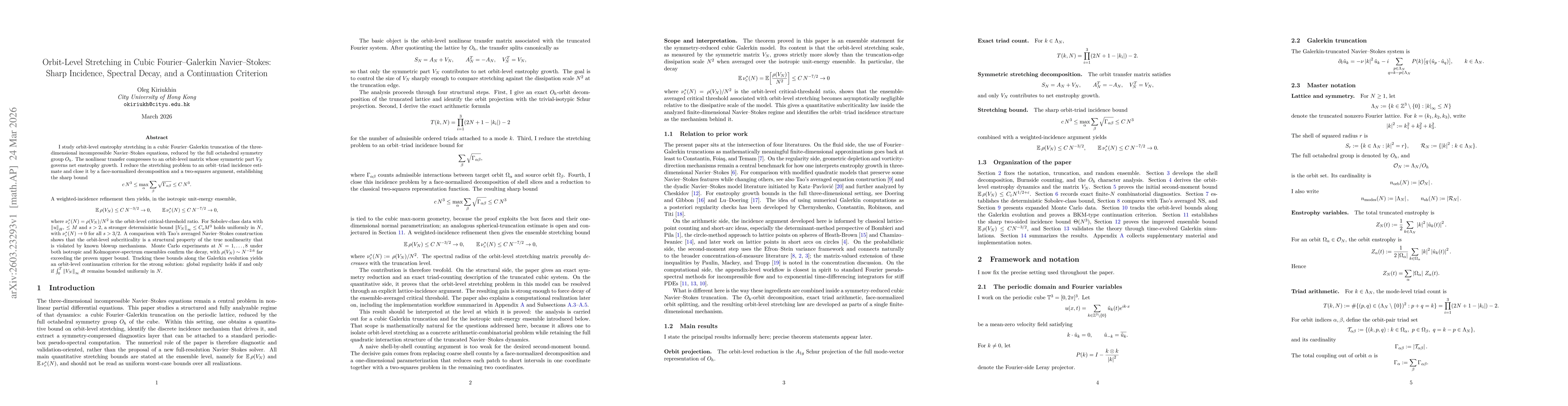 Thumbnail for Orbit-Level Stretching in Cubic Fourier-Galerkin Navier-Stokes: Sharp Incidence, Spectral Decay, and a Continuation Criterion