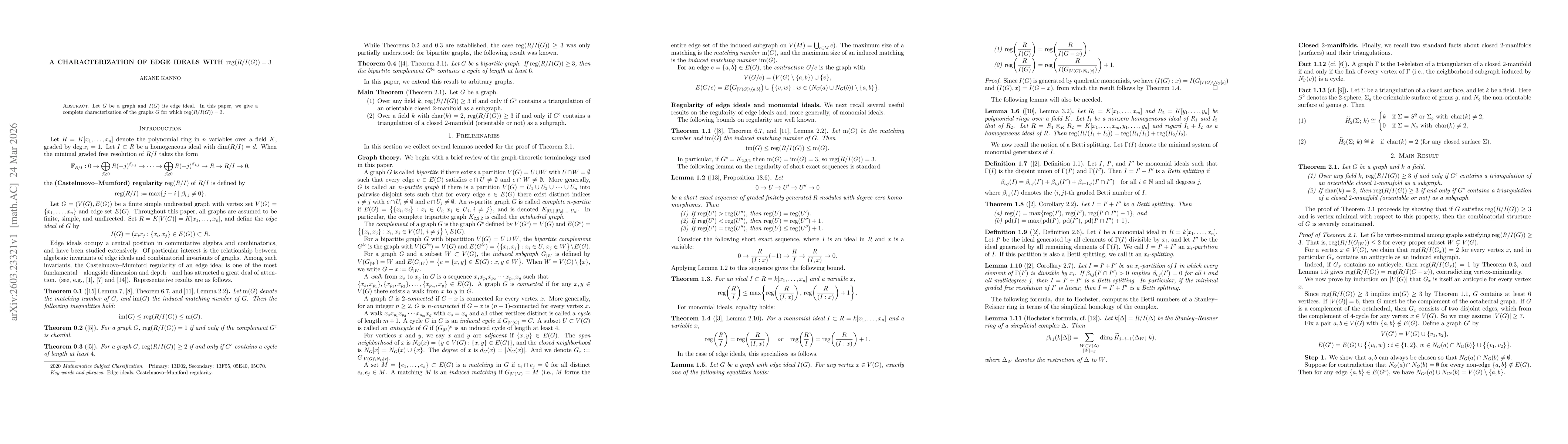 Thumbnail for A Characterization of Edge Ideals with $reg(R/I(G)) = 3$