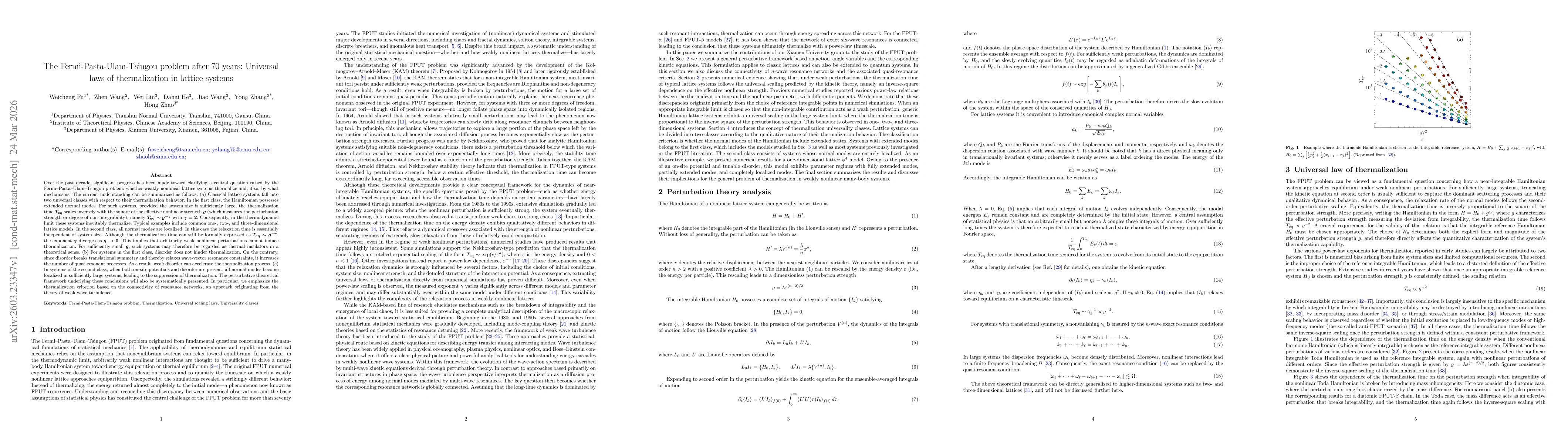 Thumbnail for The Fermi-Pasta-Ulam-Tsingou problem after 70 years: Universal laws of thermalization in lattice systems