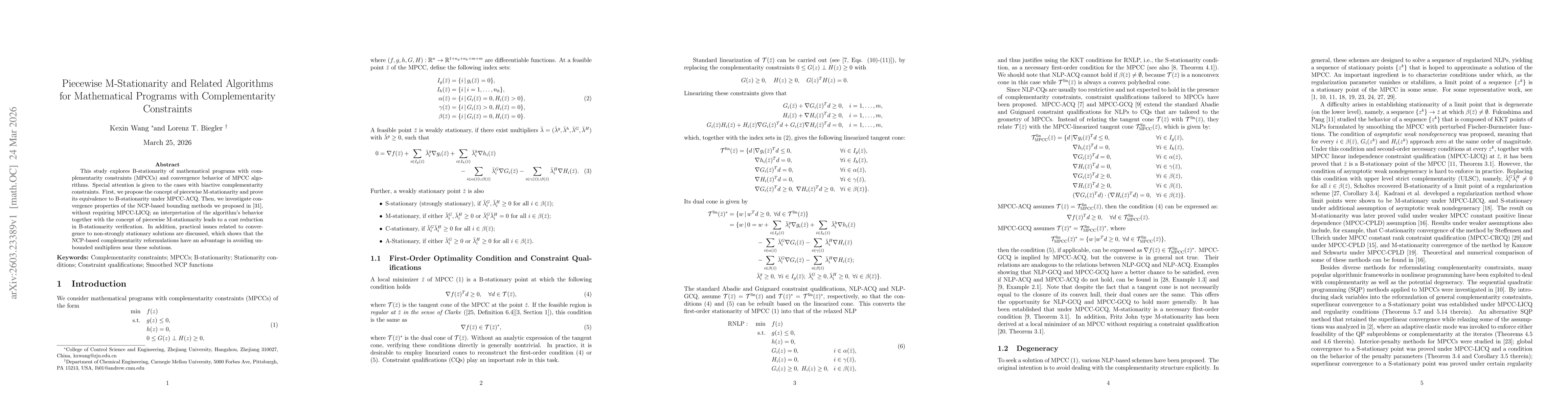 Thumbnail for Piecewise M-Stationarity and Related Algorithms for Mathematical Programs with Complementarity Constraints