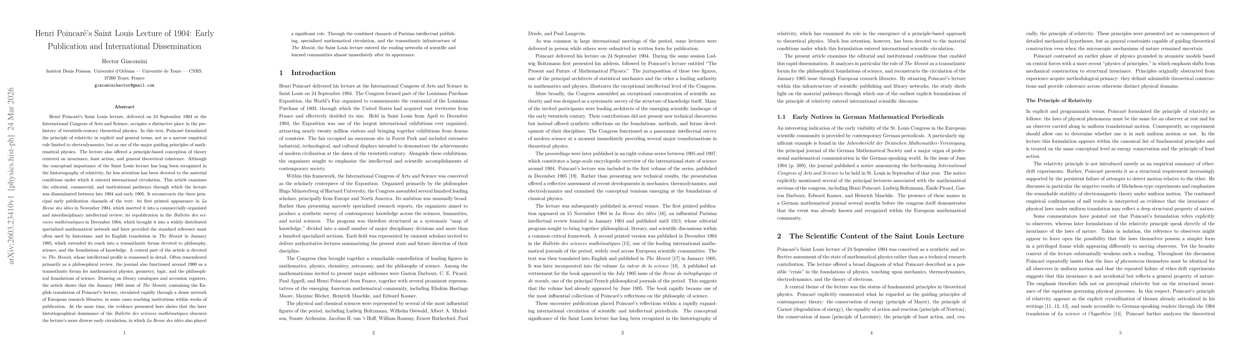 Thumbnail for Henri Poincare Saint Louis Lecture of 1904: Early Publication and International Dissemination