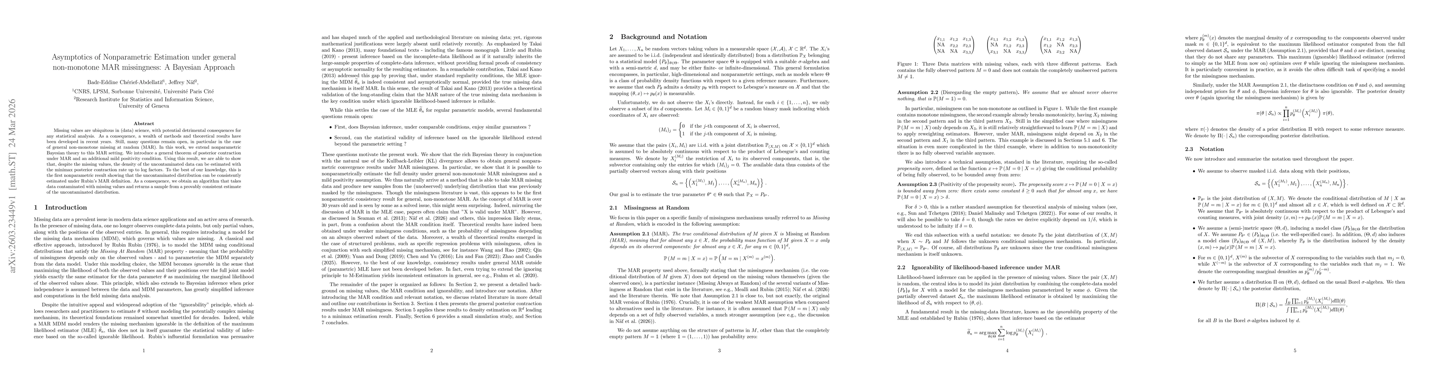 Thumbnail for Asymptotics of Nonparametric Estimation under general non-monotone MAR missingness: A Bayesian Approach