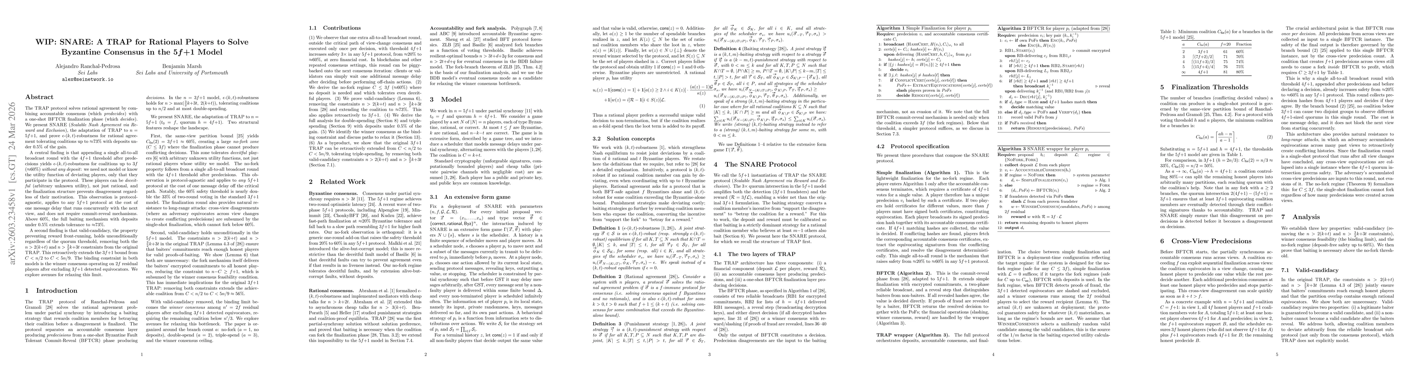 Thumbnail for SNARE: A TRAP for Rational Players to Solve Byzantine Consensus in the 5f+1 Model