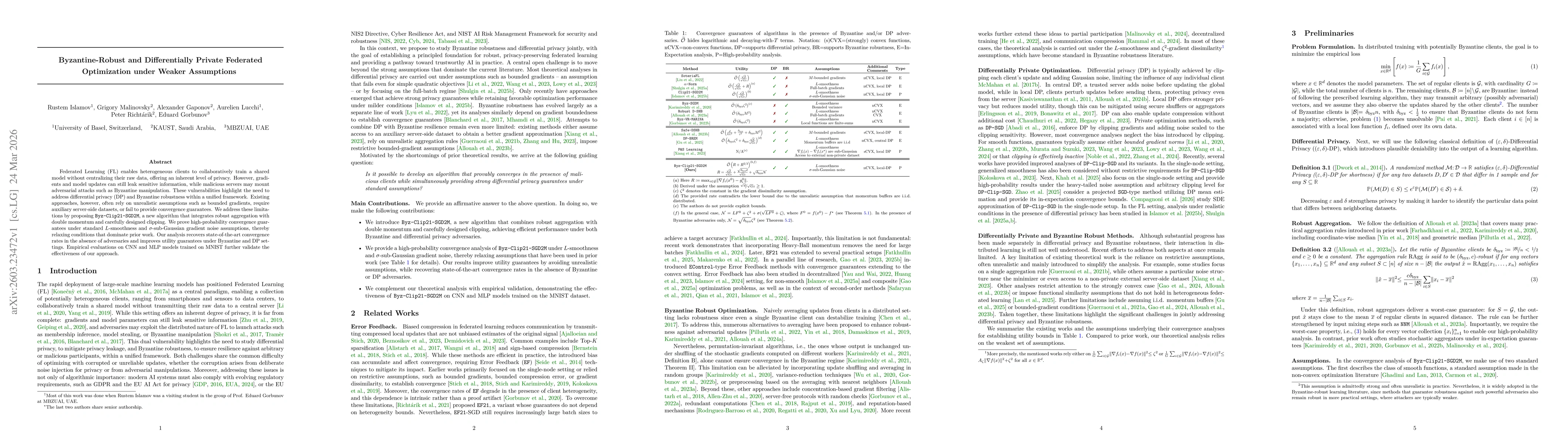 Thumbnail for Byzantine-Robust and Differentially Private Federated Optimization under Weaker Assumptions