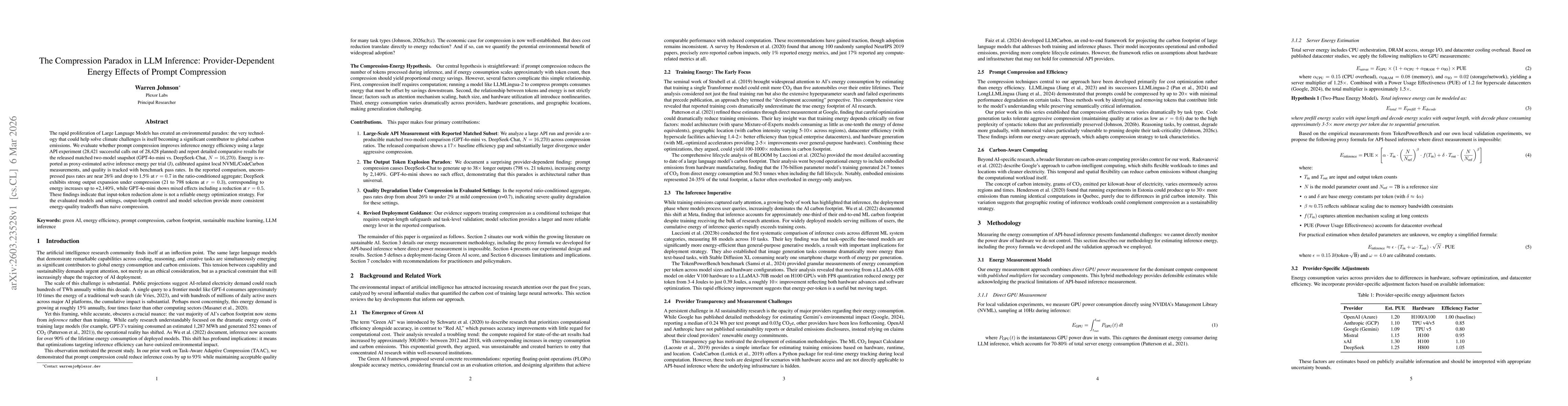 Thumbnail for The Compression Paradox in LLM Inference: Provider-Dependent Energy Effects of Prompt Compression