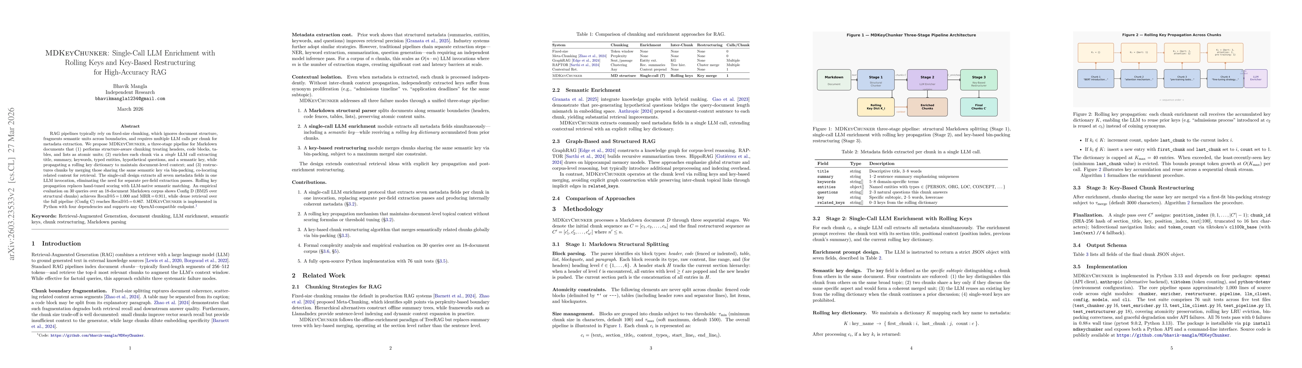 Thumbnail for MDKeyChunker: Single-Call LLM Enrichment with Rolling Keys and Key-Based Restructuring for High-Accuracy RAG
