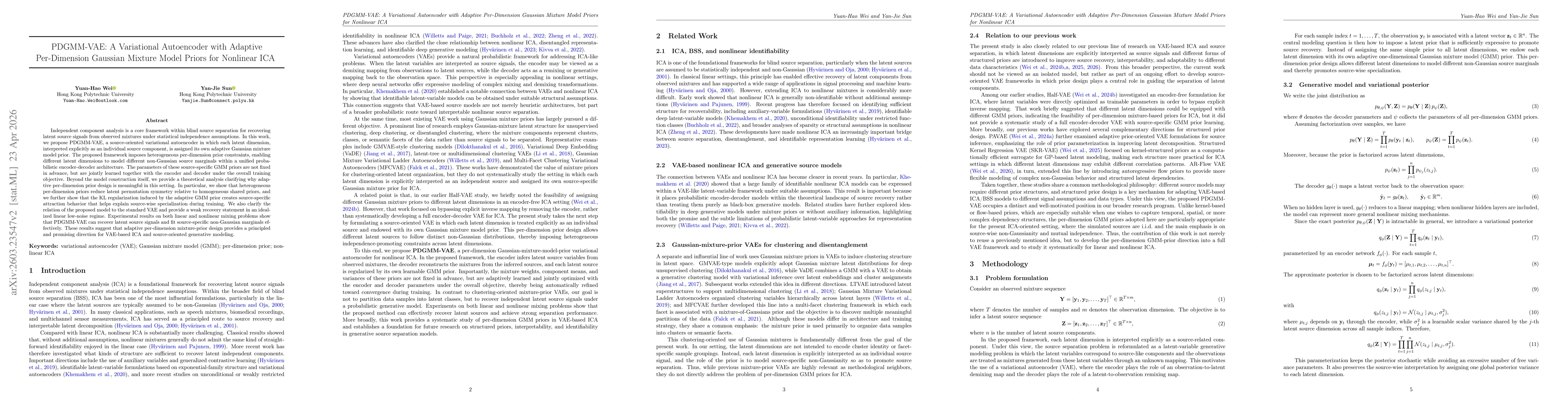 Thumbnail for PDGMM-VAE: A Variational Autoencoder with Adaptive Per-Dimension Gaussian Mixture Model Priors for Nonlinear ICA
