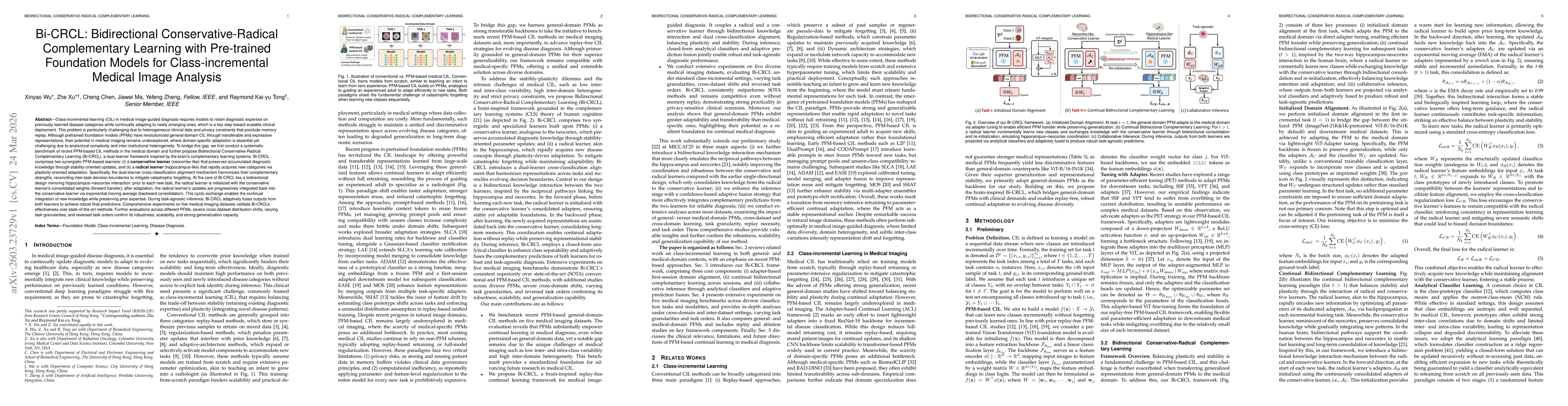 Thumbnail for Bi-CRCL: Bidirectional Conservative-Radical Complementary Learning with Pre-trained Foundation Models for Class-incremental Medical Image Analysis