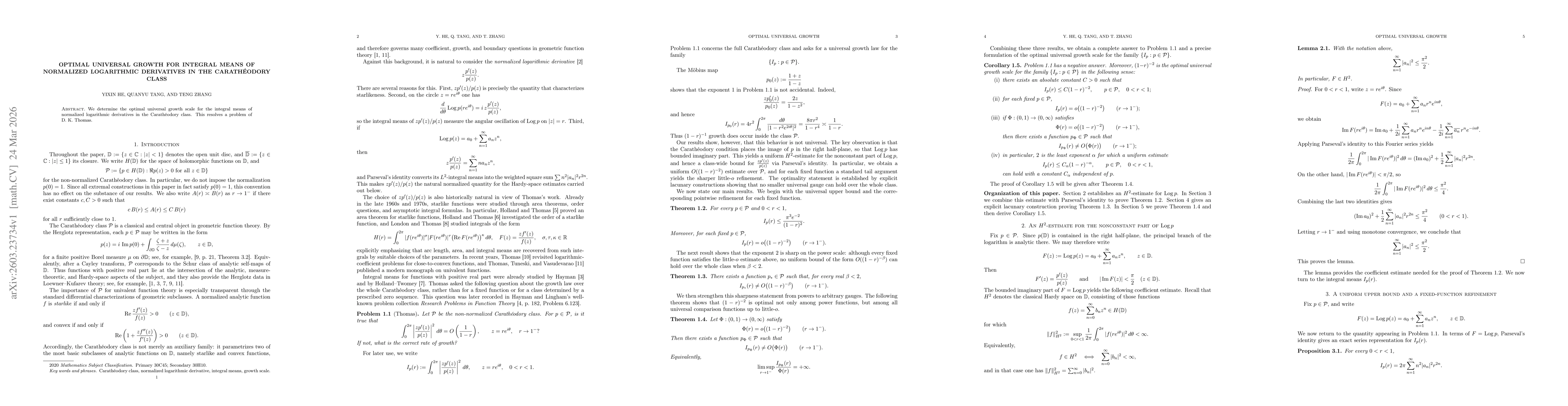 Thumbnail for Optimal universal growth for integral means of normalized logarithmic derivatives in the Carathéodory class
