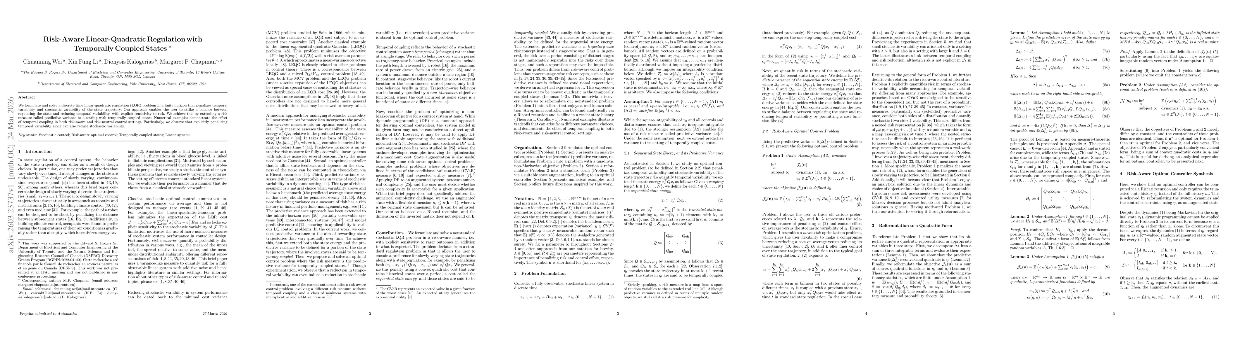 Thumbnail for Risk-Aware Linear-Quadratic Regulation with Temporally Coupled States