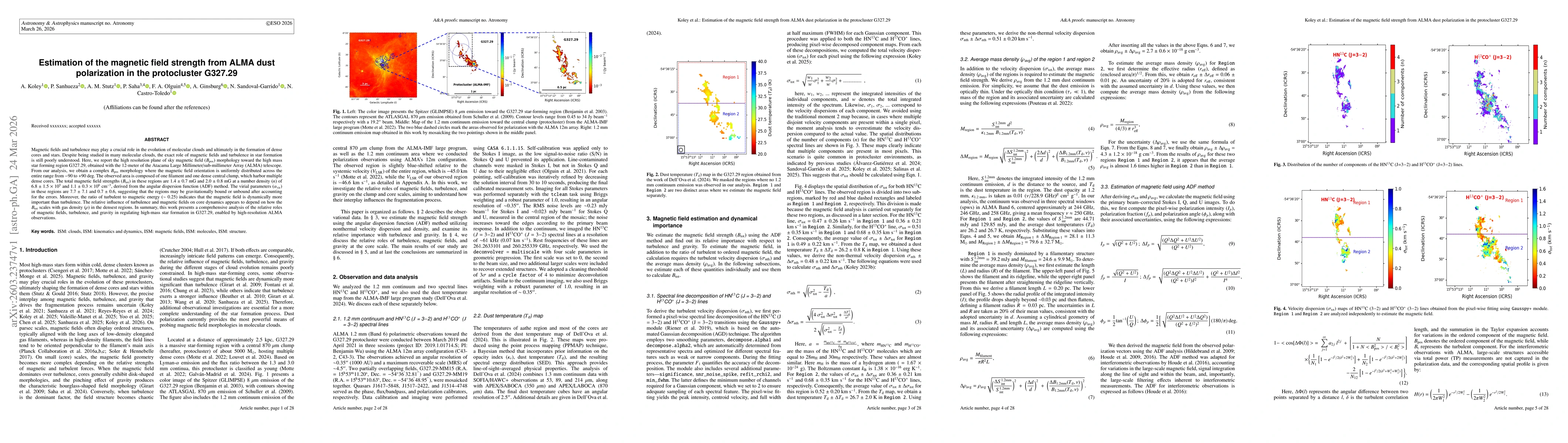 Thumbnail for Estimation of the magnetic field strength from ALMA dust polarization in the protocluster G327.29