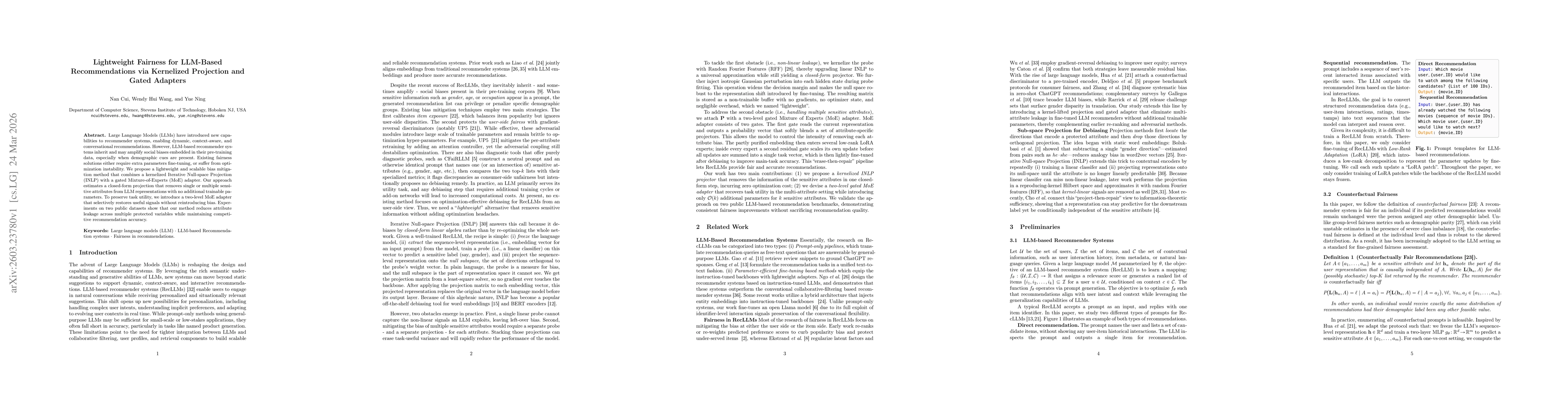 Thumbnail for Lightweight Fairness for LLM-Based Recommendations via Kernelized Projection and Gated Adapters