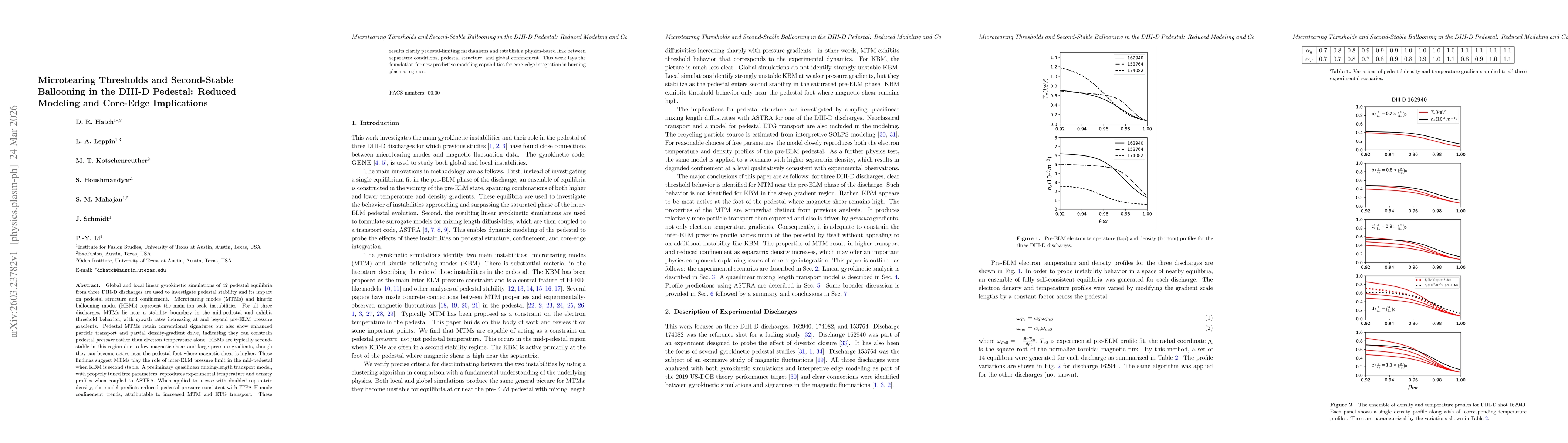 Thumbnail for Microtearing Thresholds and Second-Stable Ballooning in the DIII-D Pedestal: Reduced Modeling and Core-Edge Implications