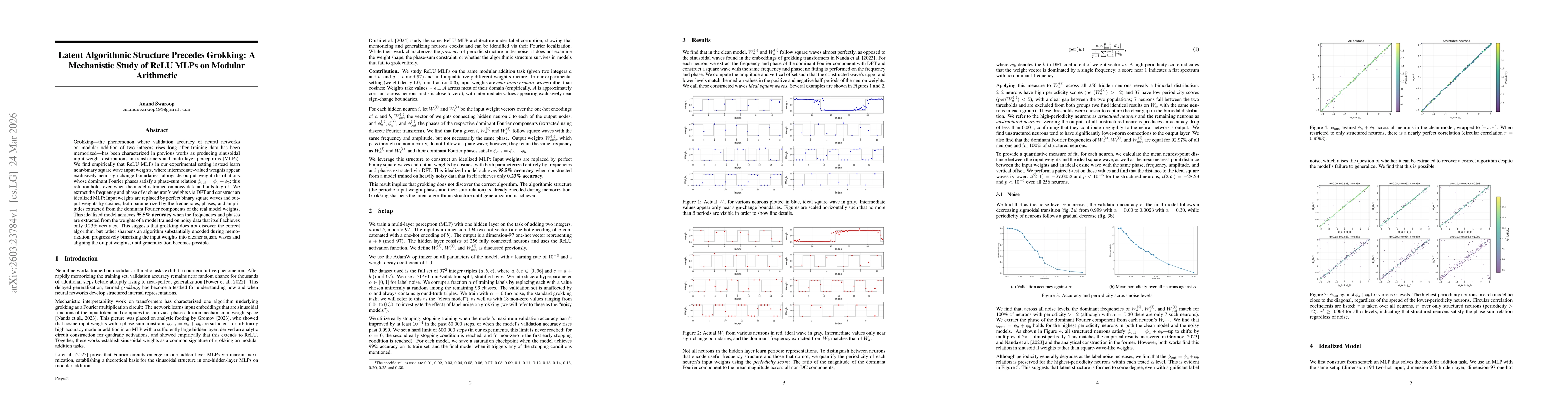 Thumbnail for Latent Algorithmic Structure Precedes Grokking: A Mechanistic Study of ReLU MLPs on Modular Arithmetic