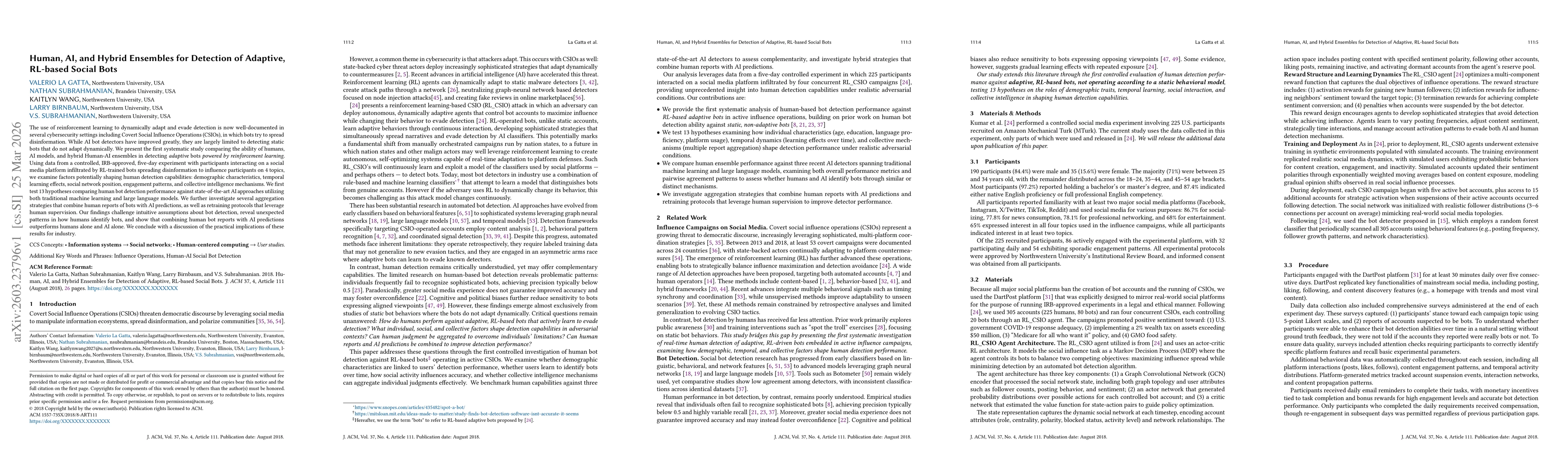 Thumbnail for Human, AI, and Hybrid Ensembles for Detection of Adaptive, RL-based Social Bots