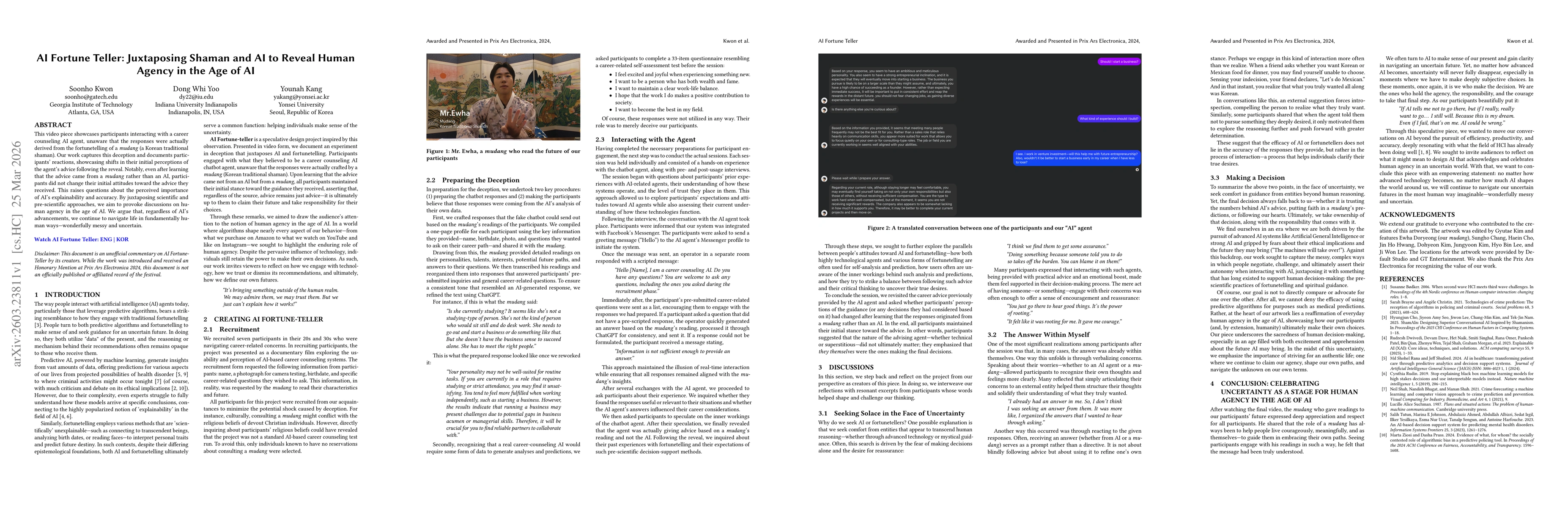 Thumbnail for AI Fortune-Teller: Juxtaposing Shaman and AI to Reveal Human Agency in the Age of AI