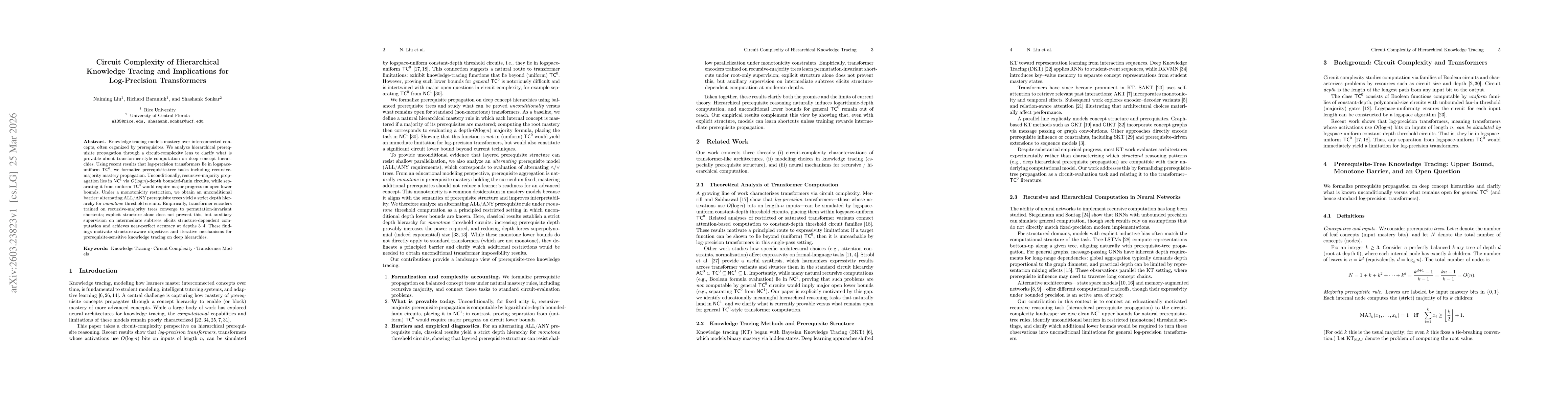Thumbnail for Circuit Complexity of Hierarchical Knowledge Tracing and Implications for Log-Precision Transformers