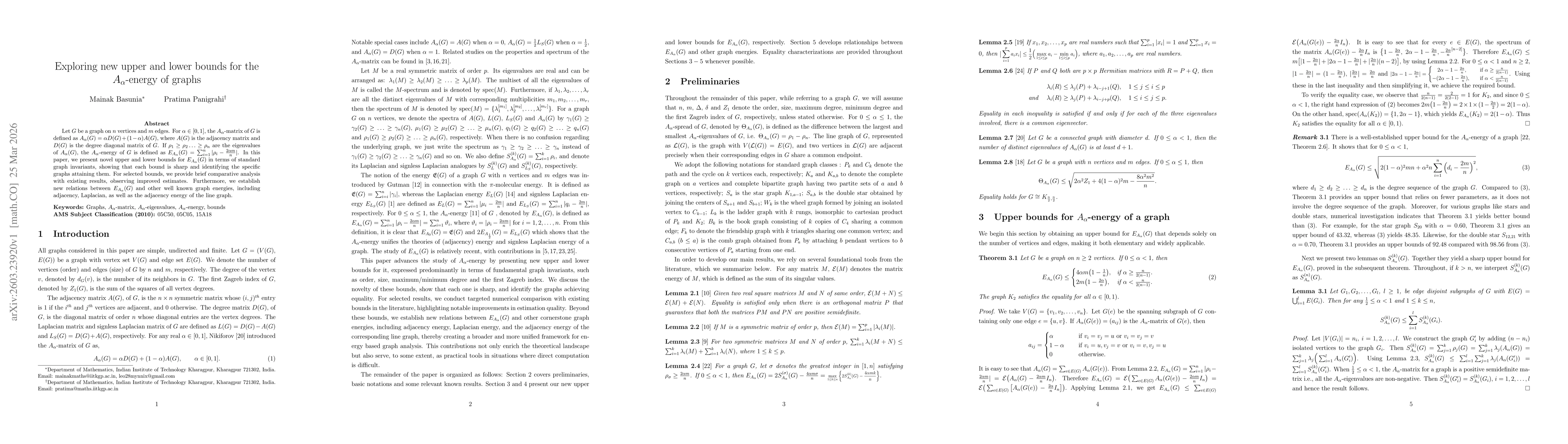 Thumbnail for Exploring new upper and lower bounds for the $A_α$-energy of graphs