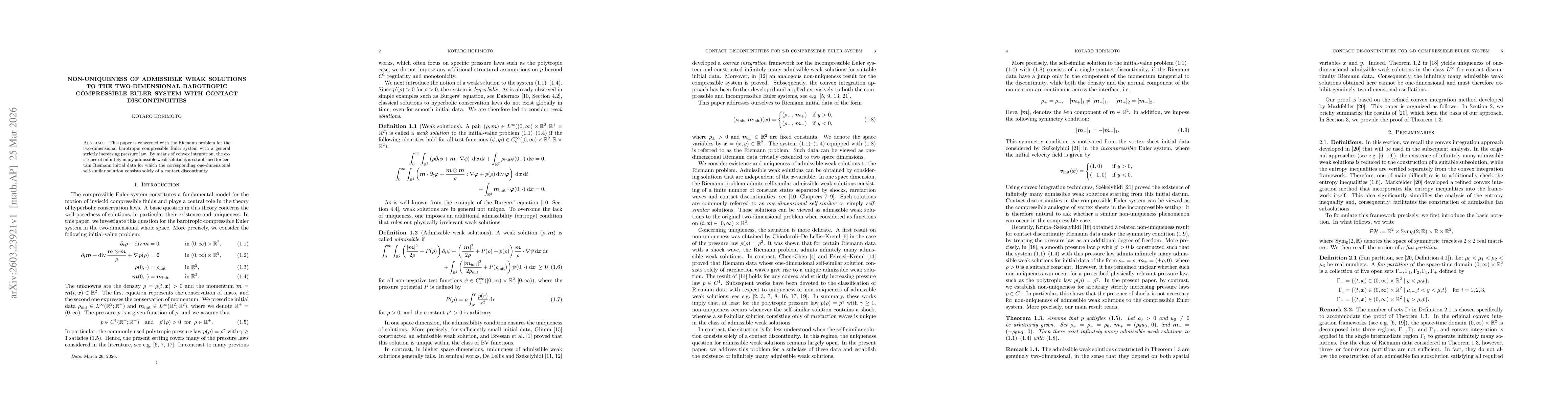 Thumbnail for Non-uniqueness of admissible weak solutions to the two-dimensional barotropic compressible Euler system with contact discontinuities